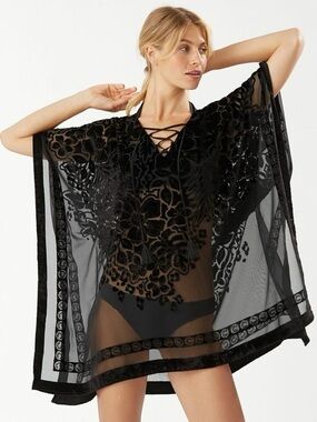 Tommy Bahama Sheer Black Floral Velvet Burnout Kaftan Cover-Up - S/M